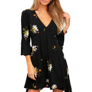 FREE PEOPLE Time On My Side Floral Print Wrap Dress Black Button Side Ruched L